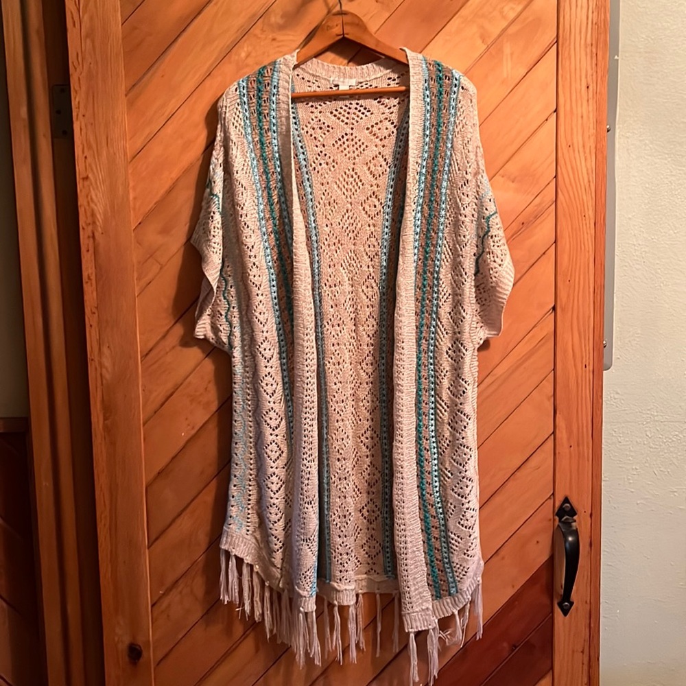 Women’s woven soft brown and teal kimono